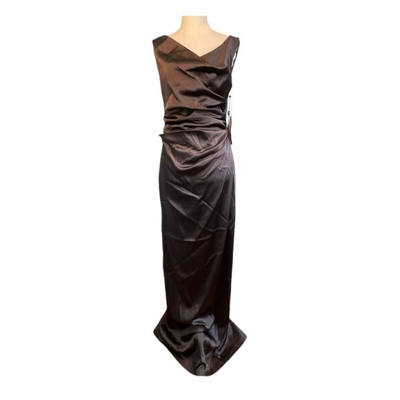 Adrianna Papell Ruched Draped Satin Column Evening Gown Taupe 4 - Picture 2 of 13